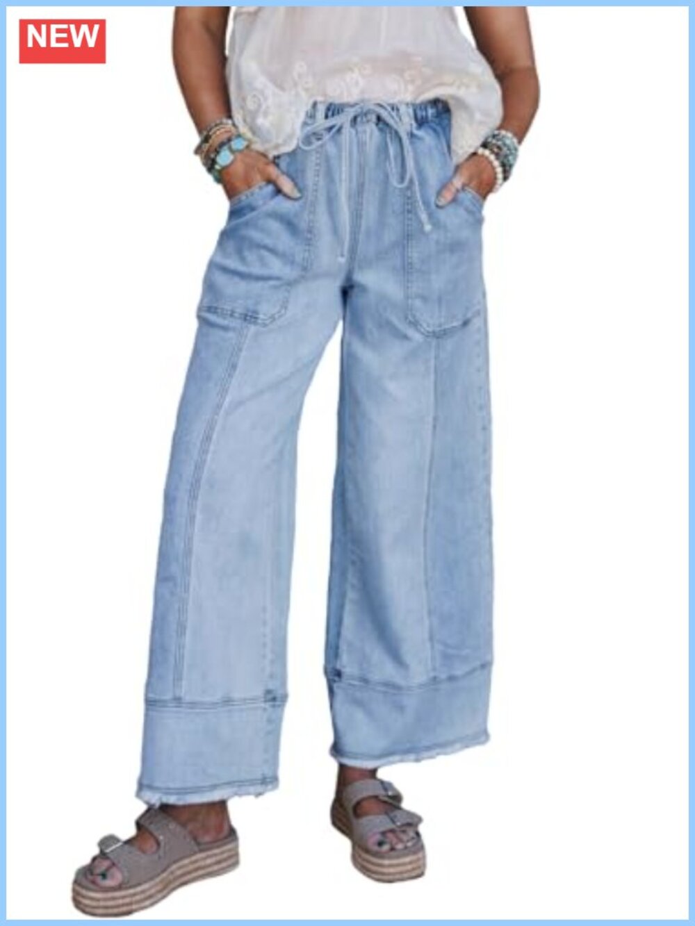 Wide Leg High Waisted Baggy Jeans Stretchy Drawstring Denim Pants